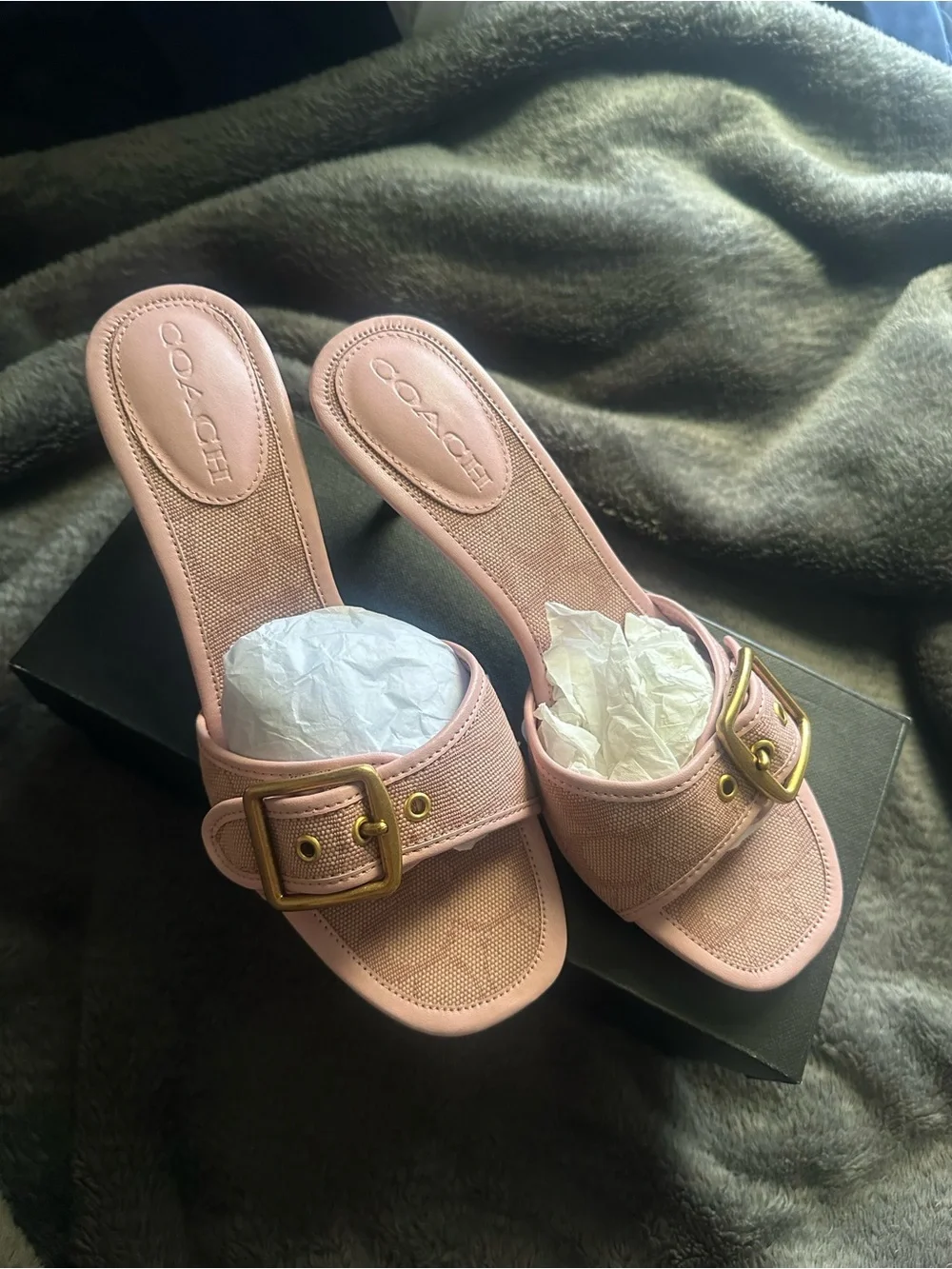 Coach Pink Slide Mules with Gold Buckle